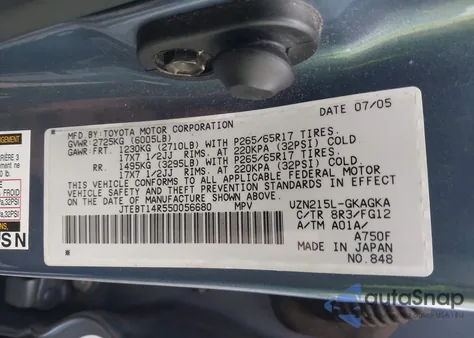 2005 Toyota 4Runner Sr5 V8 from USA, damaged, VIN JTEBT14R550056680